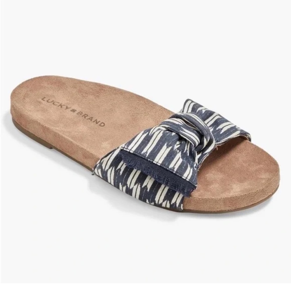 Lucky Brand Freida Size 8.5 Slide Sandals Blue & White‎ Linen Bow Detail